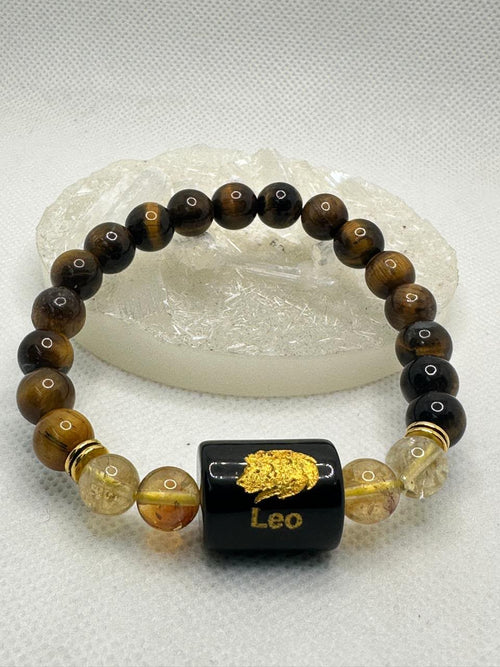 Leo Zodiac Natural Stone Bracelet – Premium Tiger Eye & Golden Rutilated Quartz Crystal Bracelet